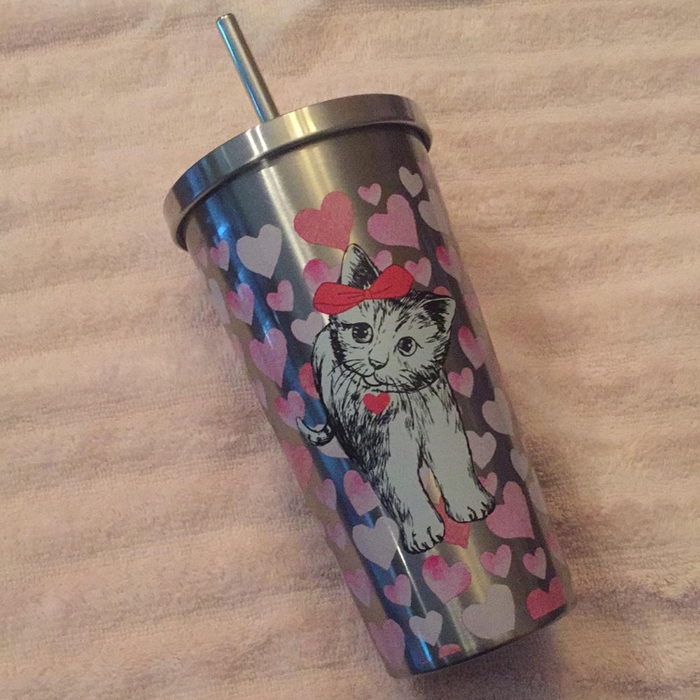 Cute kitty metal tumbler cup with straw